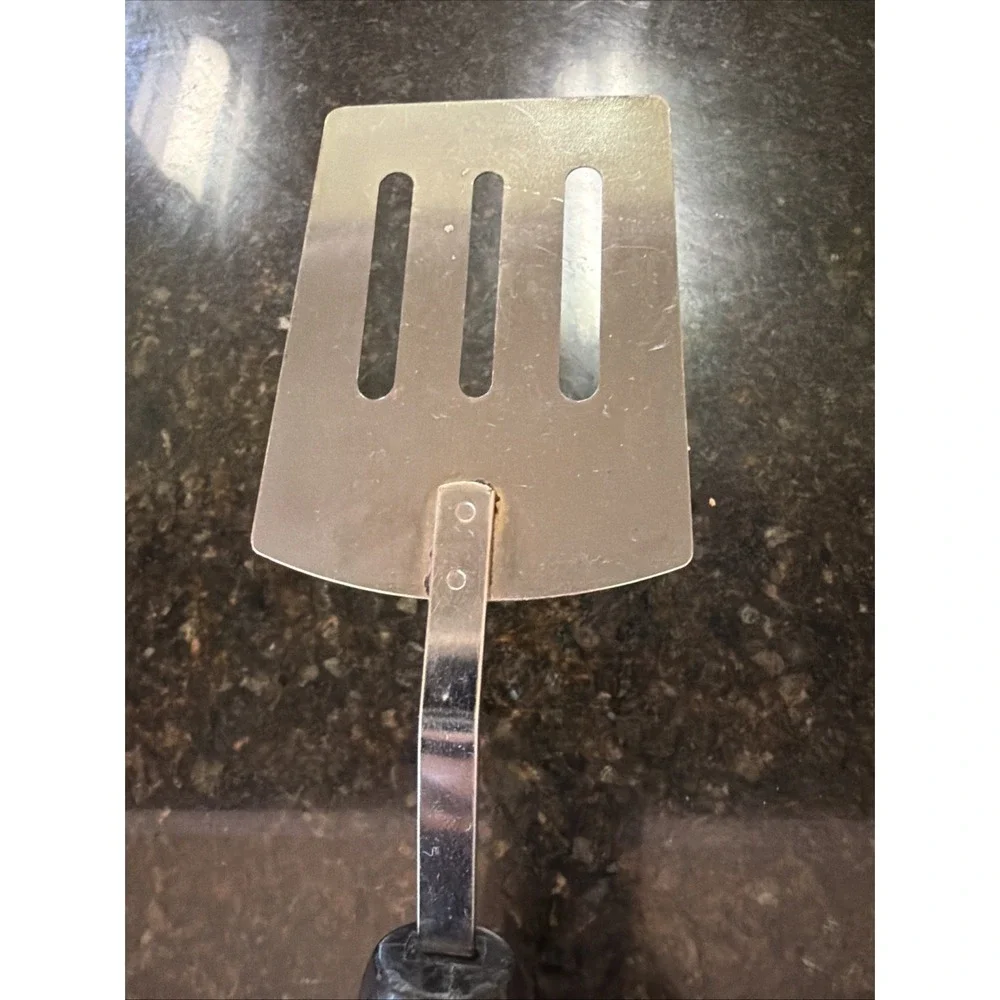 Vintage Metal Slotted Spatula Black Handle Serving Utensil 12 Inch